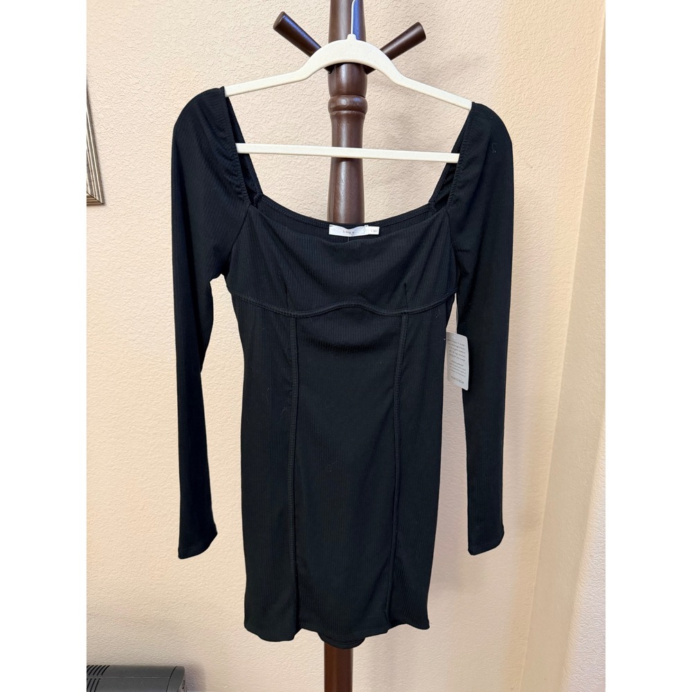 Lush Black Ribbed Long Sleeve Mini Dress Square Neck Bustier Seam Detail